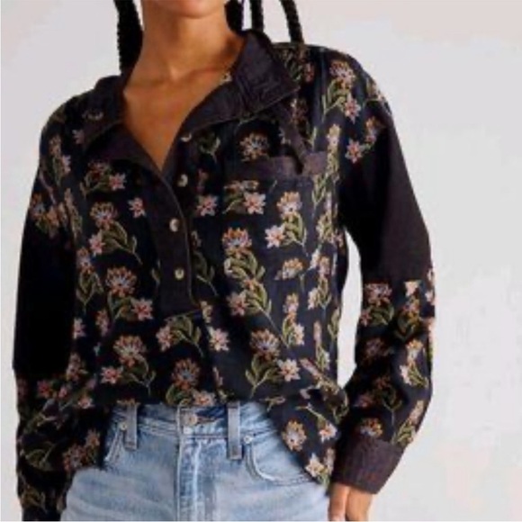 Free People Summer of Surf Pullover Button Henley Top Long Sleeve Size S Boho - Picture 2 of 16